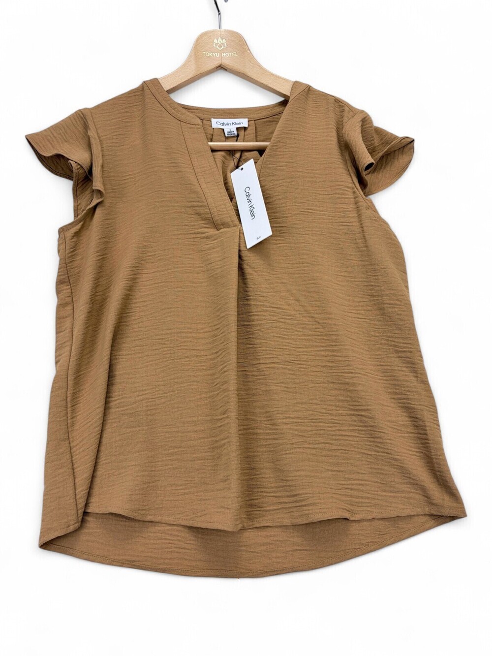 Calvin Klein Women's Split-Neck Textured Blouse S Camel